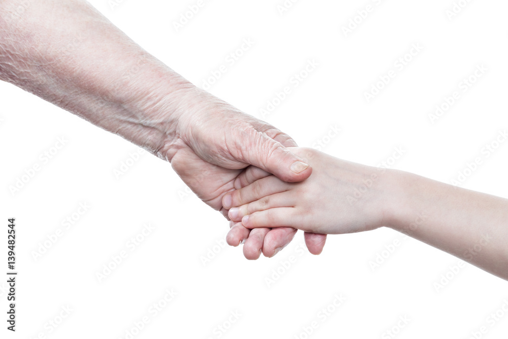Handshake between grandmother hand and arm granddaughter isolated on white background Handshake between grandmother hand and arm granddaughter isolated on white background