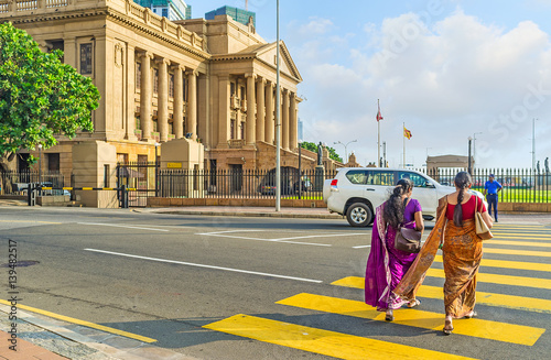 The crosswalk on Lotus Road and Presidential Secretariat builing in background, Colombo, Sri Lanka