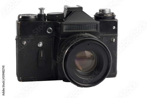 Old SLR vintage camera on white