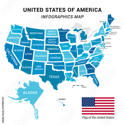 USA map with federal states including Alaska and Hawaii. United States vector map with American