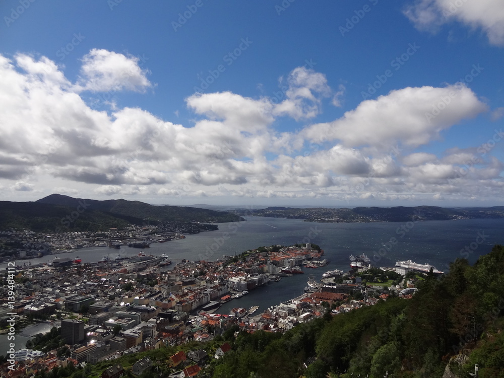 Beautiful Bergen with blue sky and clouds