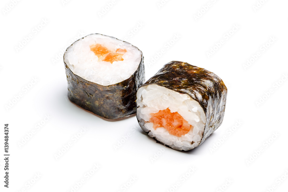 Rolls with salmon on white background. Not isolated. Rolls with salmon on white background. Not isolated.