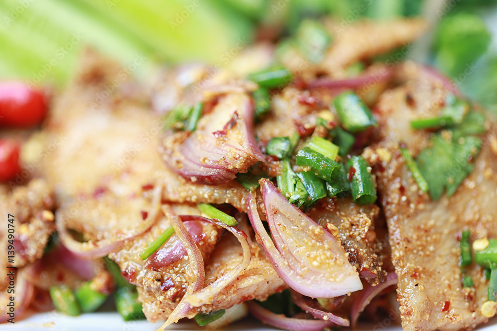 Roasted pork spicy salad of Thai foods style. Roasted pork spicy salad of Thai foods style.