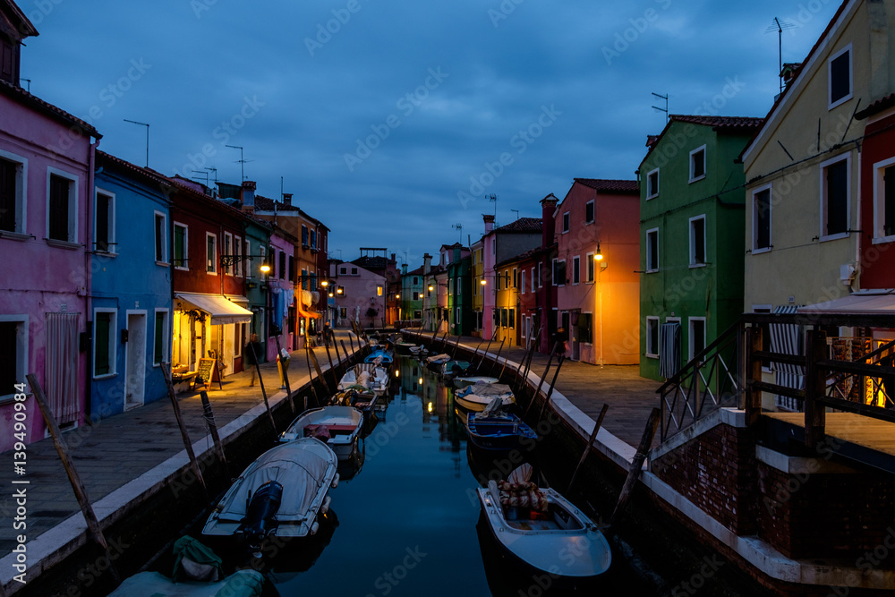 Canal at night in Burano, Venice, Italy