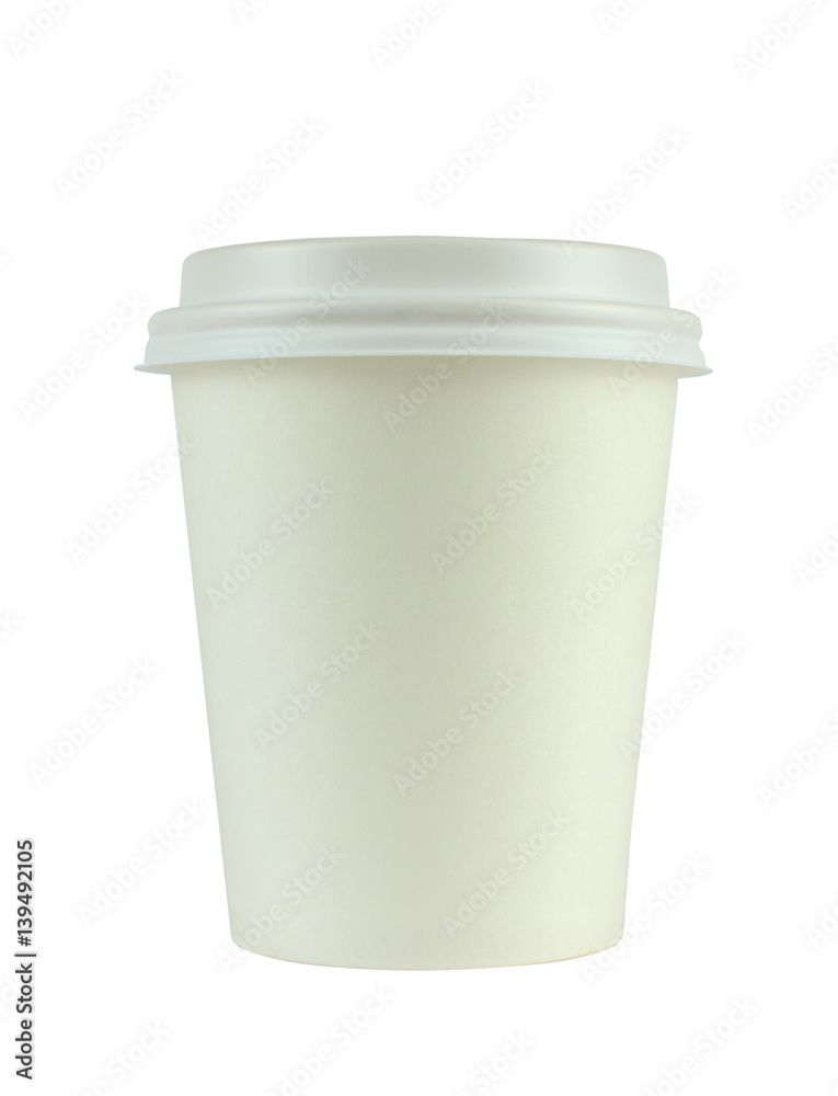 White cardboard container for coffee or hot drinks with a lid, isolated on white background