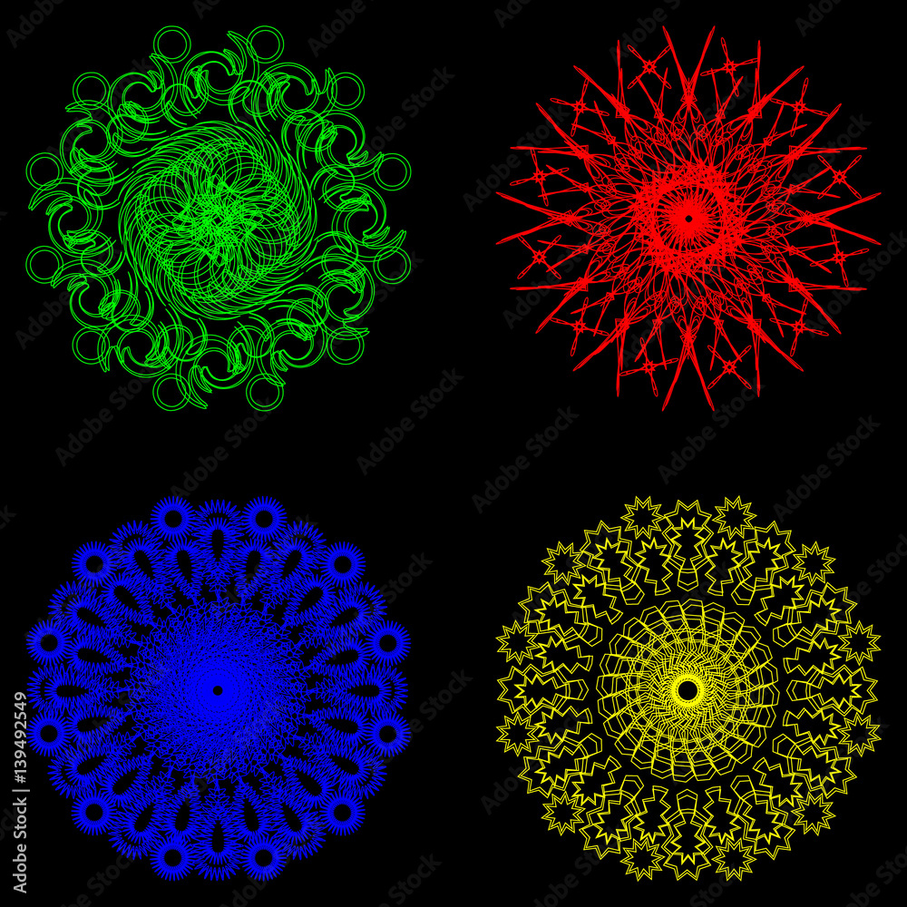 Fototapeta premium Set of patterns for napkins. Geometric symmetrical circular patterns in bright colors 