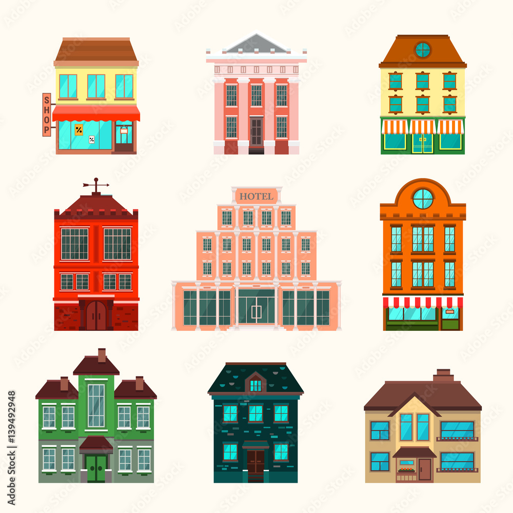 City and town buildings icon set