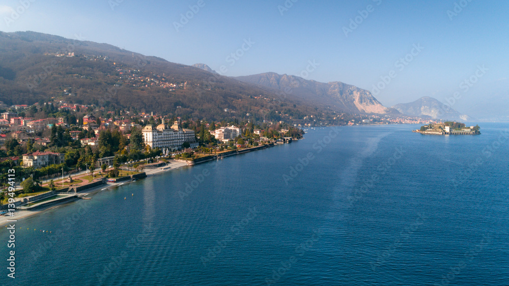 Aerial photography with drone over Stresa and its islands on lake Maggiore, Italy.