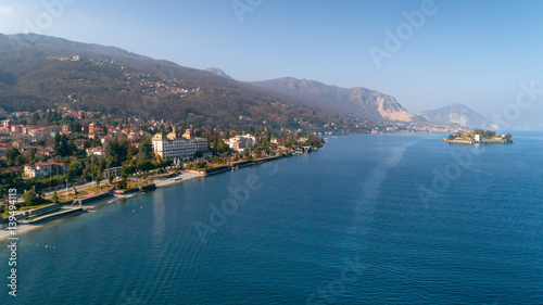 Aerial photography with drone over Stresa and its islands on lake Maggiore, Italy.