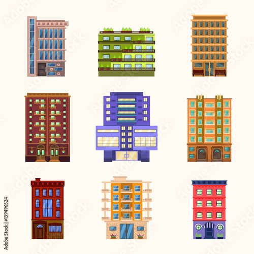 City and town buildings icon set