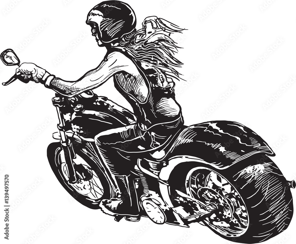 Fototapeta premium An woman riding motorcycle. An hand drawn vector. Freehand drawing on white, isolated.