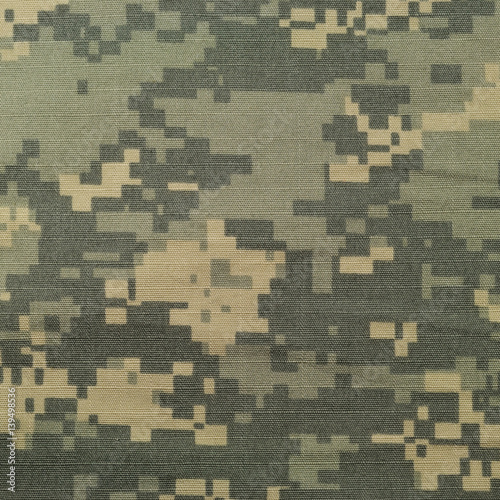 Universal camouflage pattern, army combat uniform digital camo, USA military ACU macro closeup rip-stop fabric texture background crumpled wrinkled foliage green desert sand tan NYCO cotton horizontal