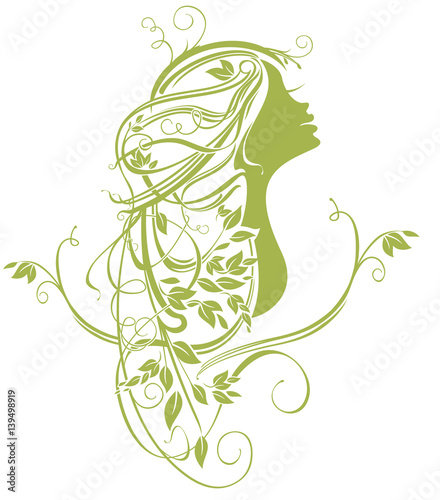 Girl with leaves branches hair. Organic hair care vector template.
