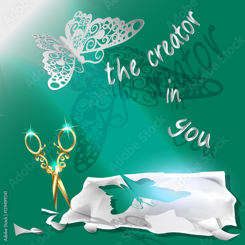 Cutting of paper flying butterfly. illustration, origami crafts. Screen background. Green, Written text, the creator in you