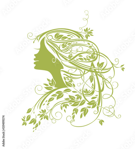 Girl with green floral hair. Beautiful silhouette illustration.
