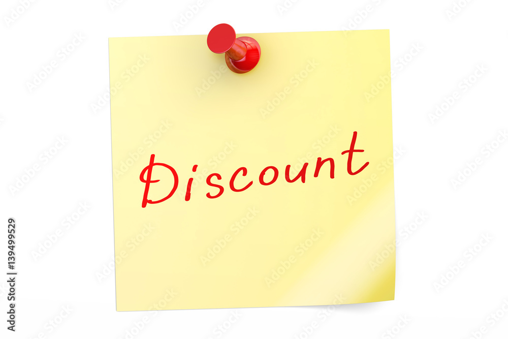 Discount text on a sticky note, 3D rendering Discount text on a sticky note, 3D rendering