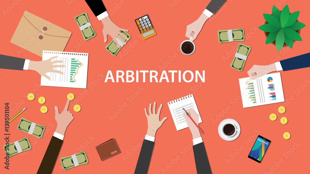 arbitration concept illustration with people discuss in a meeting with paperworks, money, coins and folder document on top of table - obrazy, fototapety, plakaty 