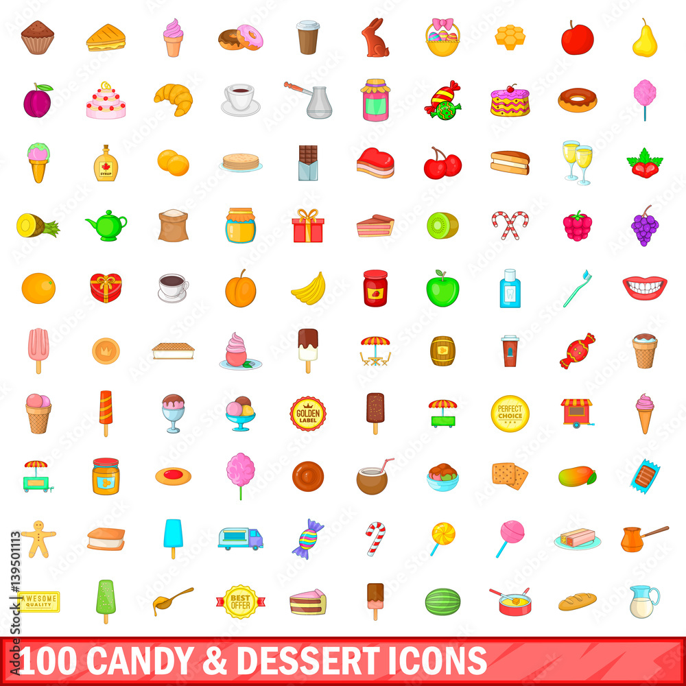 100 candy and dessert icons set, cartoon style 100 candy and dessert icons set, cartoon style