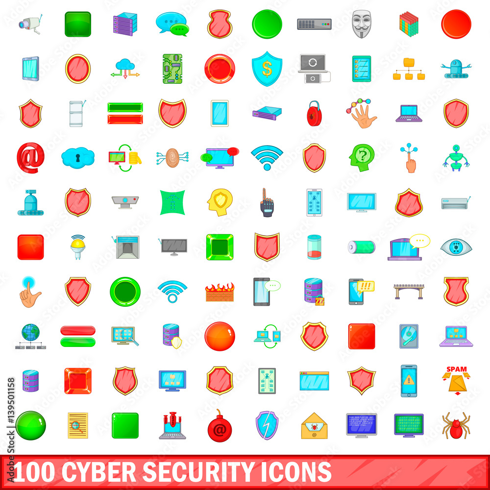 100 cyber security icons set, cartoon style