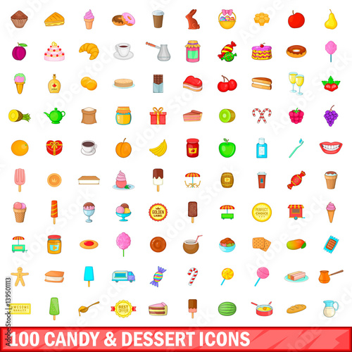 Fototapeta Naklejka Na Ścianę i Meble -  100 candy and dessert icons set, cartoon style