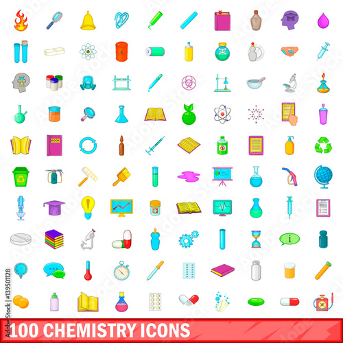 100 chemistry icons set, cartoon style