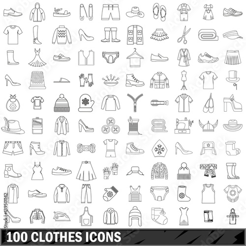 100 clothes icons set, outline style