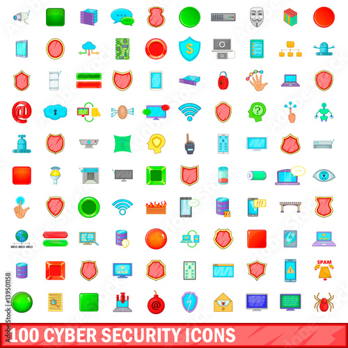 100 cyber security icons set, cartoon style