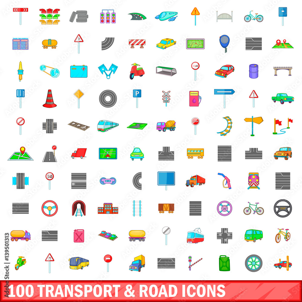100 transport and road icons set, cartoon style 100 transport and road icons set, cartoon style