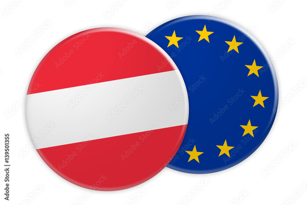 Politics News Concept: Austria Flag Button On EU Flag Button, 3d illustration on white background Politics News Concept: Austria Flag Button On EU Flag Button, 3d illustration on white background