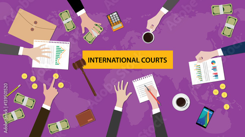 international courts concept discussion in a meeting with paperworks, money, coins and judge hammer on top of the table