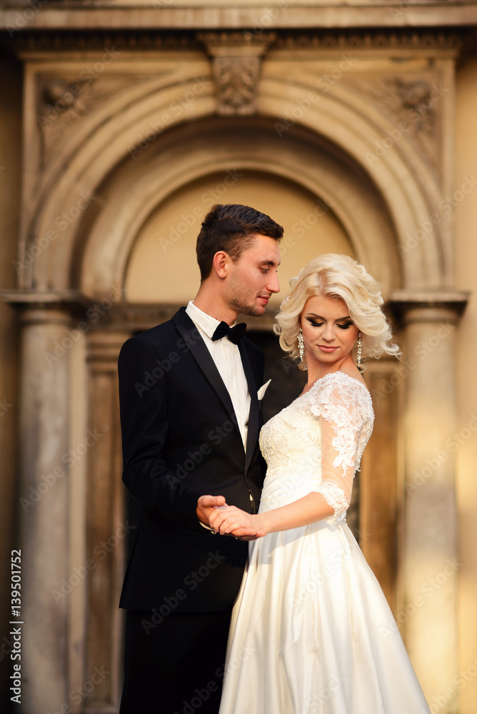 Sensual beautiful bride and handsome groom standing together near historical building Sensual beautiful bride and handsome groom standing together near historical building
