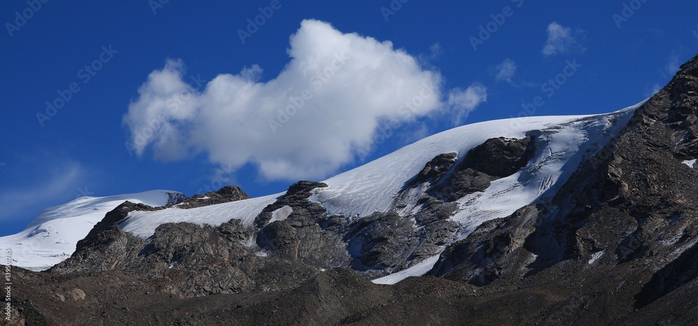 View from Fluhalp. Cloud above the Findel glacier in Zermatt.