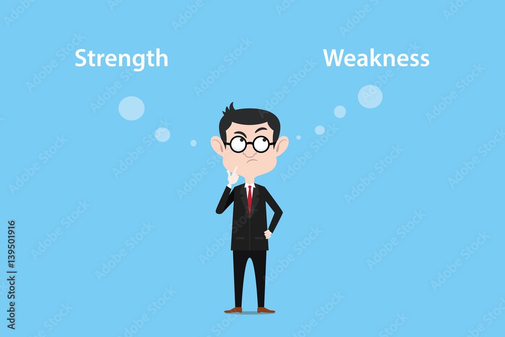 illustration of a man thinking about strength or weakness with white text and blue background