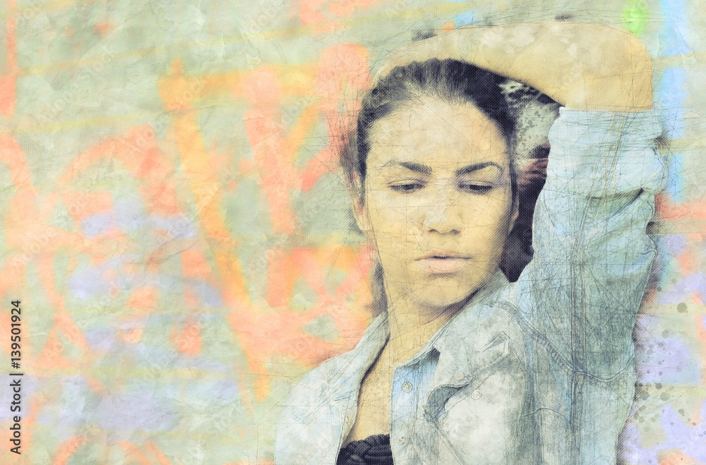 Obraz premium Woman portrait. Painted fashion illustration. Mixed media