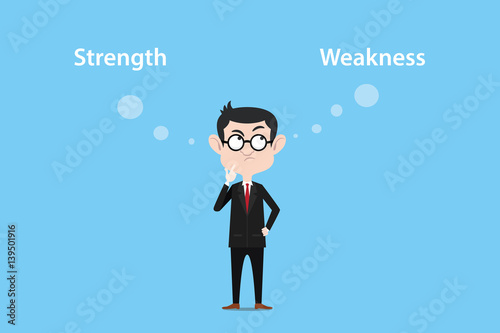 illustration of a man thinking about strength or weakness with white text and blue background