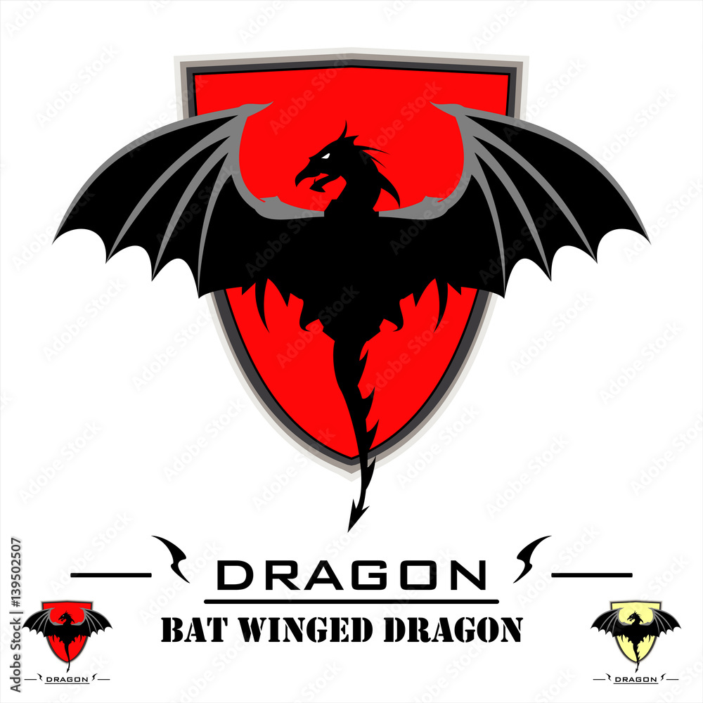 Fototapeta premium Dragon. Bat Winged Dragon over red shield