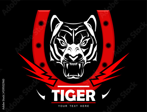Fototapeta Naklejka Na Ścianę i Meble -  White Tiger Head with the Thundering Roaring, combine with horseshoe and light. Symbolizing the power, endurance, and speed.