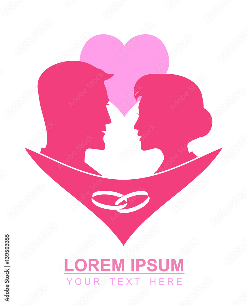 Couple silhouette in pink, combine with wedding ring icon . Couple silhouette in pink, combine with wedding ring icon .