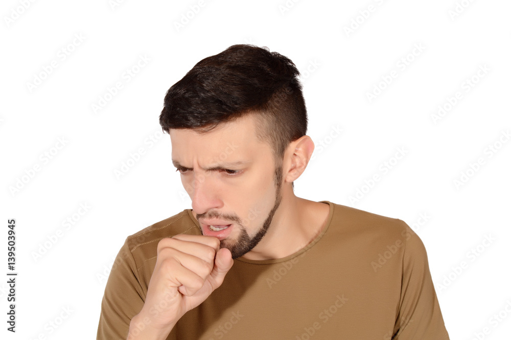 Young man coughing.