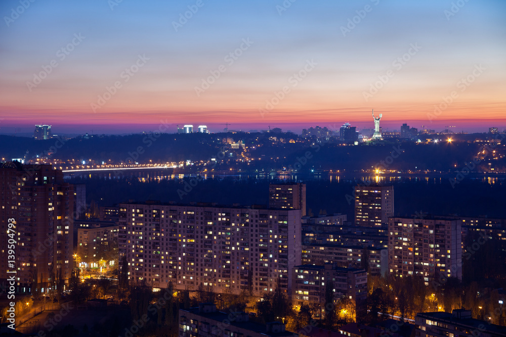 Sunset Kiev city view, panorama Kiev, Ukraine
