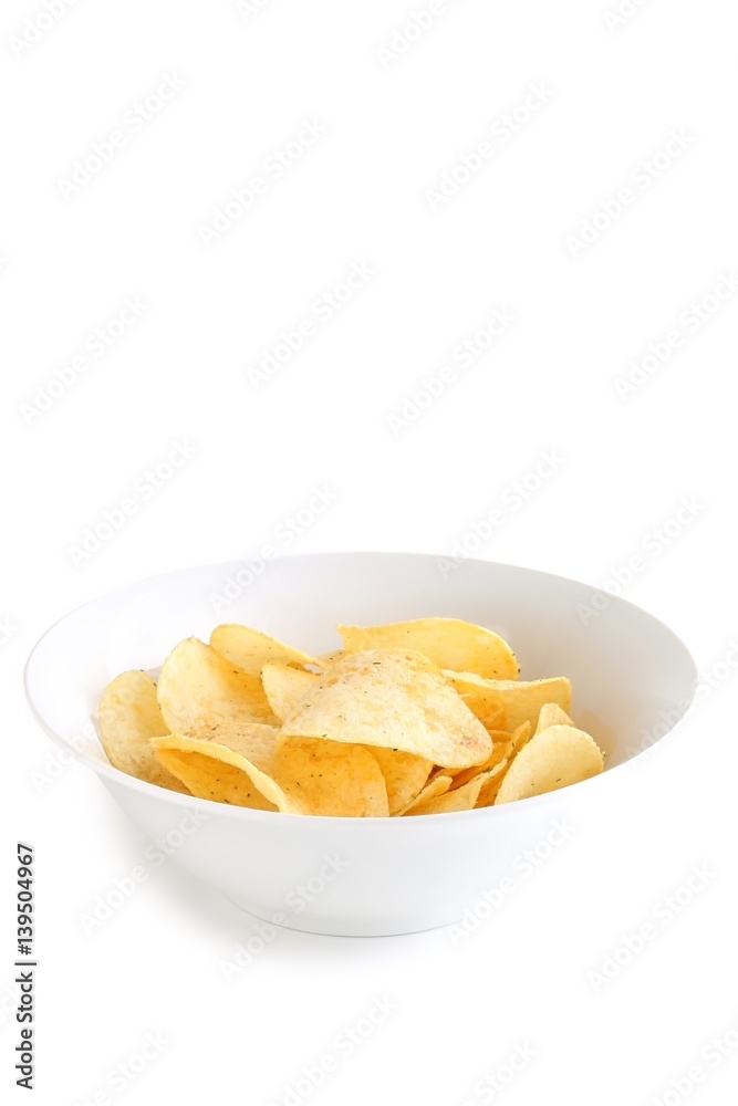 Potato Chips in a White China Bowl on White Background