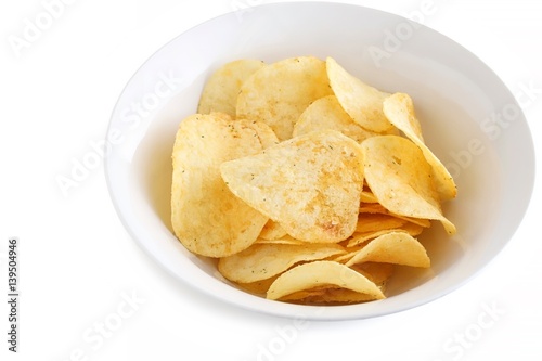 Potato Chips in a White China Bowl on White Background