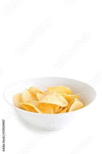 Potato Chips in a White China Bowl on White Background