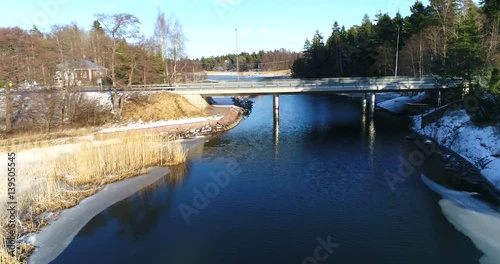 Suvisaaristo, Cinema 4k aerial flight over Svinö sund, in Sommaröarna of the finnish archipelago, in Espoo, on a sunny winter day, in Finland photo