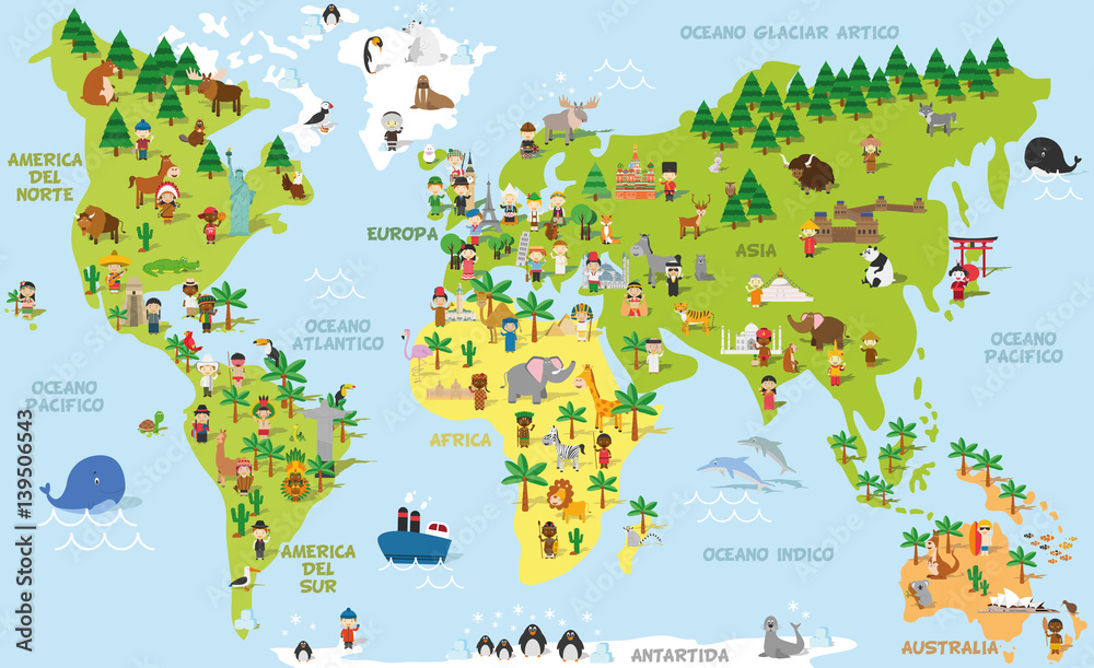 Naklejka Mapa świata Zabawna kreskówka z dziećmi różnych narodowości, zwierząt i zabytków wszystkich kontynentów i oceanów. Ilustracji wektorowych dla edukacji przedszkolnej i projektowania dzieci.
