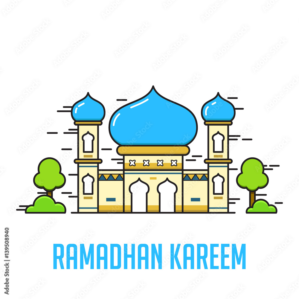 Ramadhan kareem, eid mubarak, eid al fitr, celebration for greeting card, colorful illustration mosque with calligraphy