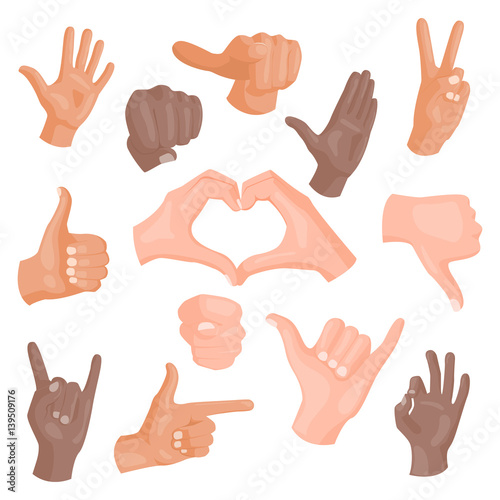 Hands showing different gestures isolated on white human arm hold collection communication and direction design fist touch pointing vector illusstration.