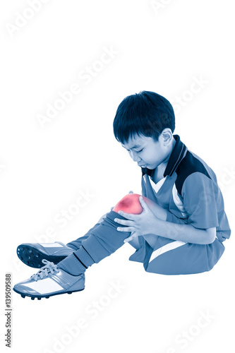 Full body of asian soccer player with pain at knee. Isolated on white background.