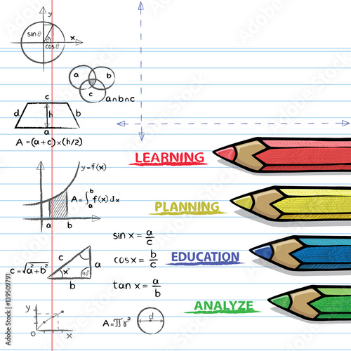 Color pencils and mathematical formulas. Drawing of mathematical on the paper in doodle style. Concept for education.