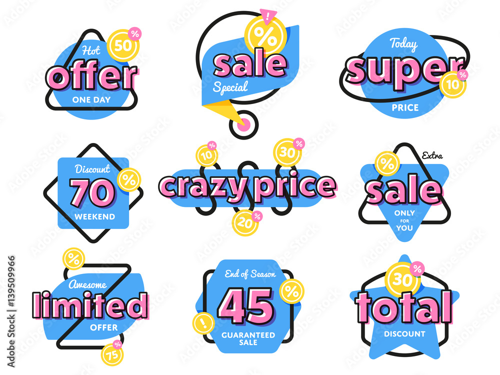 Special offer sale tag discount symbol retail sticker sign price set isolated on white background, modern graphic style vector illustration. Big sale with wow offer badge set